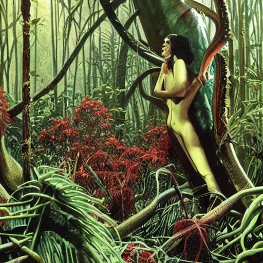 Prompt: A forest of giant man-eating carnivorous plants in the jungles of Venus. Pulp sci-fi.