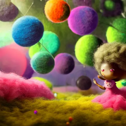 Image similar to a black girl with big beautiful eyes and a colorful afro playing with bubbles in the candy forest, bright colors, synthwave, watercolor, volumetric wool felting, felt, macro photography, children illustration, global illumination, radiant light, detailed and intricate environment, by goro fujita, bokeh!!!!