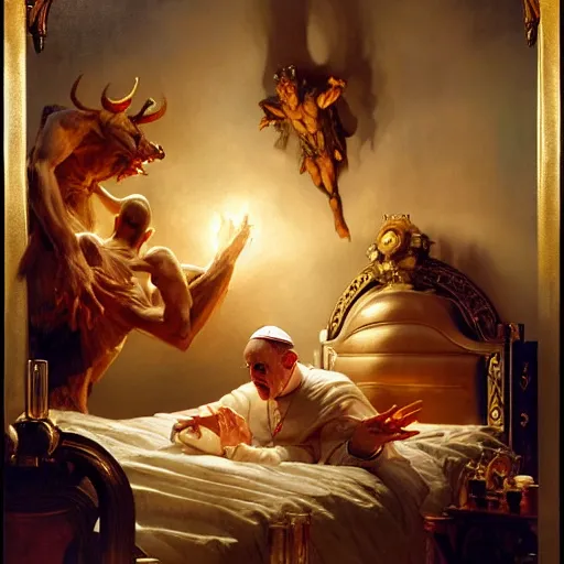 Image similar to the pope is in his bed, nervous and terrified, because a double horned shadow demon from hell is attacking him. highly detailed painting by gaston bussiere, j. c. leyendecker, greg rutkowski, craig mullins 8 k