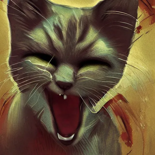 Prompt: vicious roaring kitty by Milka Oxana, post processing, painterly, book illustration. Trending on artstation, post processing, pen and ink work. sharp focus.