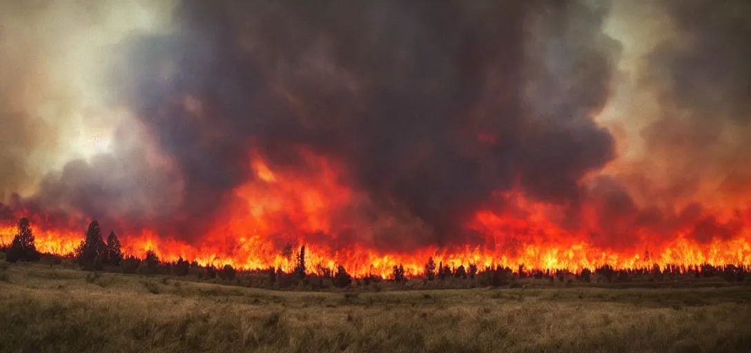 Prompt: full portrait of a forest fire on the horizon, inferno, smoke, flames, dark, gloomy, horror, screaming, a small farm is burning in the distance, insanely detailed, photorealistic, cinematic, dramatic lighting,