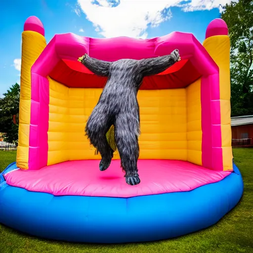 Image similar to photo of a 1 2 foot high big foot on a jumping castle with scared children