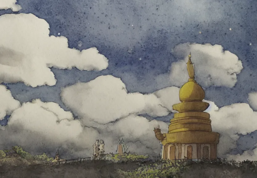 Image similar to a hyperrealist watercolor concept art from a studio ghibli film showing one giant grey monk. a temple is under construction in the background in india on a misty and starry night. by studio ghibli. very dull muted colors