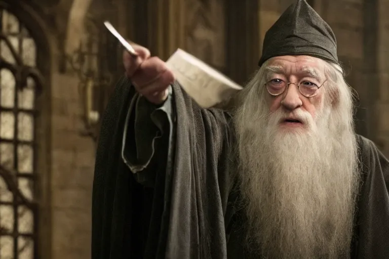 Prompt: film still of Ian McKellan as Albus Dumbledore in Harry Potter