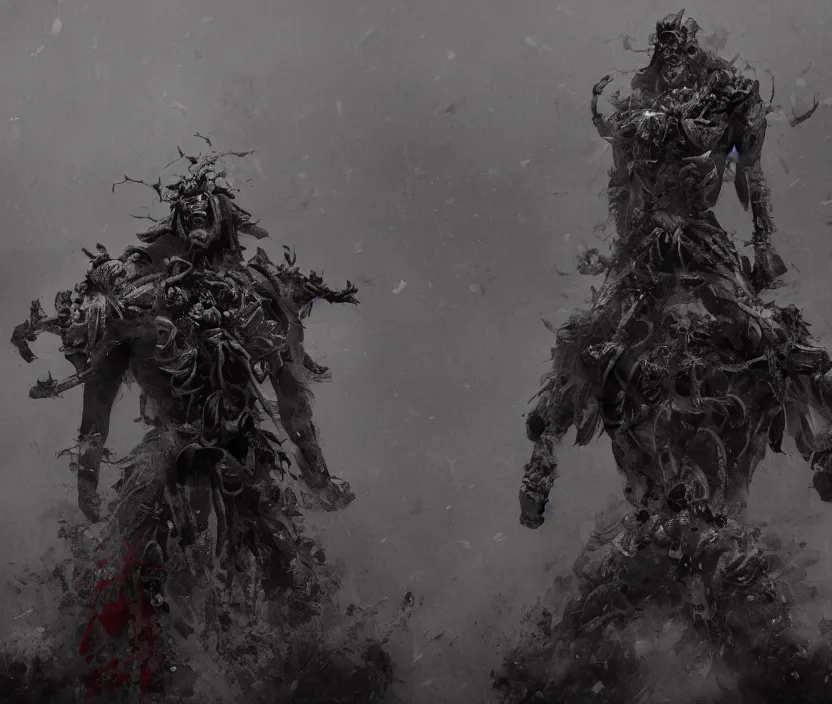 Image similar to samurai standing on a bunch of bodies with 6 arms , gloomy and foggy atmosphere, octane render, artstation trending, horror scene, highly detailded