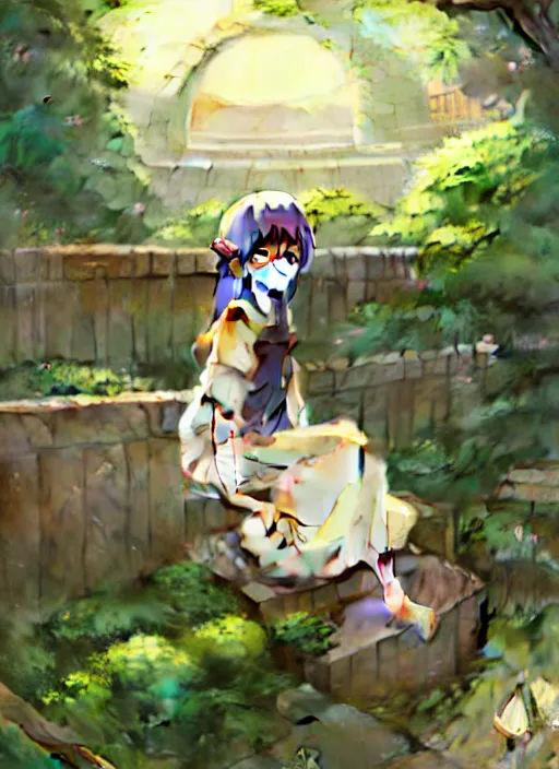 Image similar to girl sitting on a stair where there is an arched shed, many green plant and flower gowing on it, illustration concept art anime key visual trending pixiv fanbox by wlop and greg rutkowski and makoto shinkai and studio ghibli