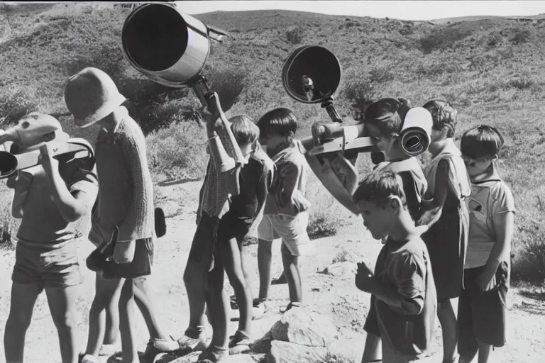 Image similar to A line of children waiting to look through a telescope, Ansel Adams