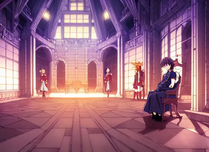 Prompt: key anime visual portrait of the interior of a castles throne room, servants, dynamic pose, cinematic, film grain, designed by yoh yoshinari but drawn by range murata, detailed, intricate, at night, dramatic lighting