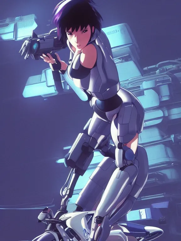 Image similar to a fullbody action still of motoko kusanagi riding on top of a tachikoma, the major ghost in the shell : : stand alone complex, under repairs, maintenance : : by ilya kuvshinov, rossdraws, artgerm, sola digital arts, anti aliasing, raytracing : :