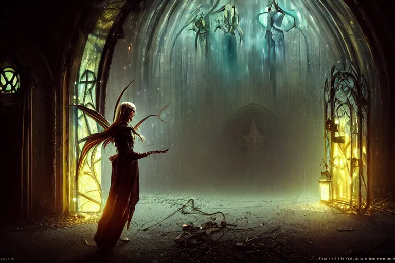 Image similar to an ultra realistic, cinematic, fantasy, painting, of an elden ring elf, fairy lights, facial features, stood outside an abandoned church, with futuristic buildings and neon signs, detailed, deep focus, movie still, dramatic lighting, ray tracing, by michal karcz and yoshitaka amano