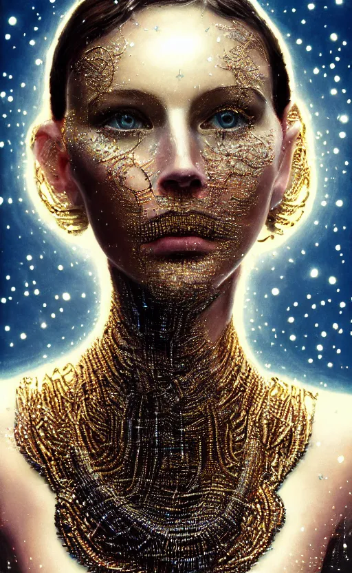 Image similar to extremely detailed cinematic movie still 3 0 7 7 portrait shot of a supermodel 2 5 years old white woman hyperreal skin face thin golden strings in art - nouveau shapes with tiny crystals all around by denis villeneuve, wayne barlowe, simon birch, marc simonetti, philippe druillet, bright volumetric sunlight from remote star, rich moody colors, closeup, bokeh