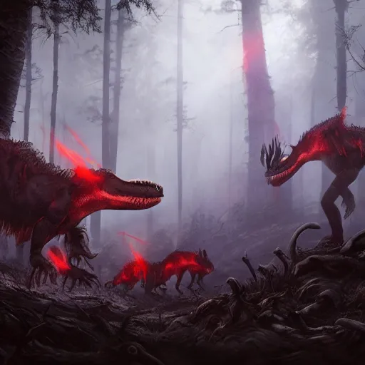 Prompt: group of mutated nightmare trex, red glowing eyes, hunting in the forest. in style of greg rutkowski and hyung - tae kim, trending on artstation, grimdark fantasy, great composition, highly detailed, dynamic pose, vibrant colors, epic, 8 k, unreal engine, octane render