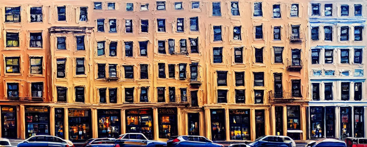 Image similar to stunning painting of a building facade. storefronts. city block. new york. masterpiece.