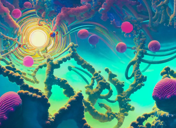 Image similar to a luminescent coral reef by paolo eleuteri serpieri and tomer hanuka and chesley bonestell and daniel merriam and tomokazu matsuyama and killian eng, unreal engine, high resolution render, featured on artstation, octane, 8 k, highly intricate details, vivid colors, vector illustration, rainbow colors