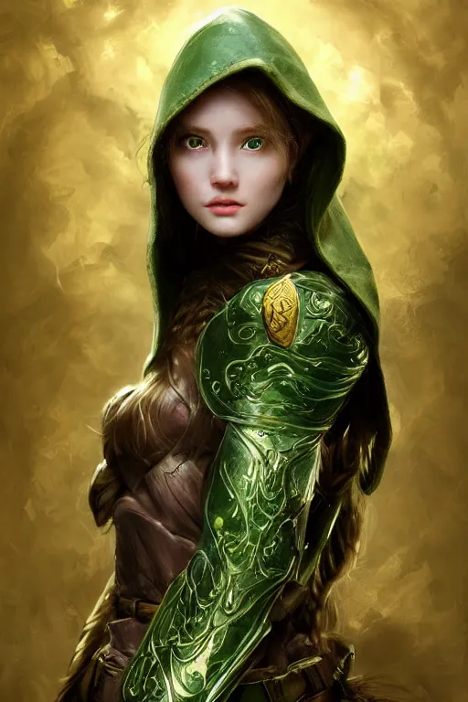 Image similar to a beautiful photo of a young woman, green elf ranger with long flowing hair and a green leather hood, elf ranger leather armor with olive green and brown colors and gold lining, young female face, cinematic top lighting, insanely detailed and intricate, face by wlop, Charlie Bowater, designs by zhelong xu and gustave doré, golden ratio, symmetric, elegant, ornate, luxury, elite, matte painting, cinematic, trending on artstation, deviantart and cgsociety, 8k, high resolution