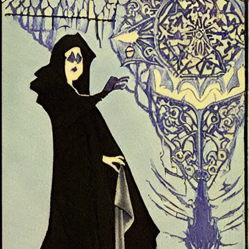 Prompt: a cloaked mage casting a magic spell from her hand toward an ice castle, art nouveau