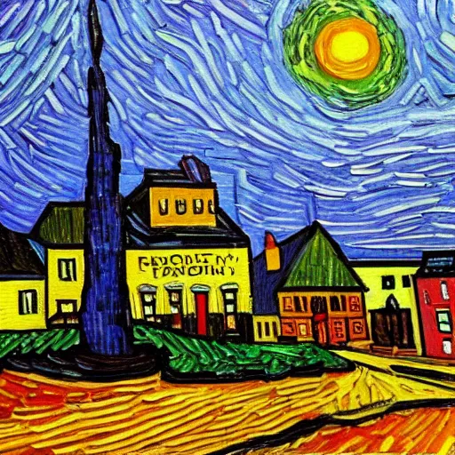 Image similar to a painting of moncton, new brunswick, in the style of van gogh