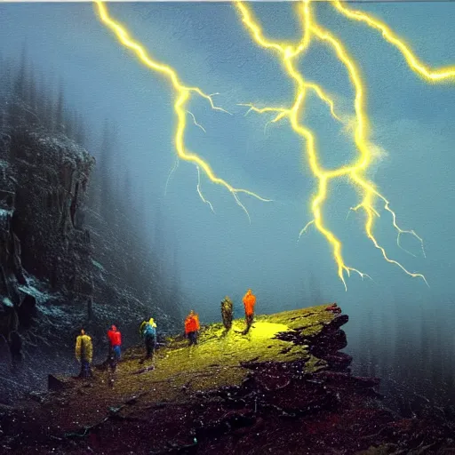 Image similar to a beautiful acrylic painting of group of climbers, extreme cold, storm, octane rendering, grim, dark, gloomy, cruel, volumetric lightning, hyperrealism, dichromatism, split - complementary colors, saturated colors, no blur, 4 k resolution, ultra detailed, john atkinson grimshaw, ivan shishkin, tyler edlin, scott listfield, eric zener