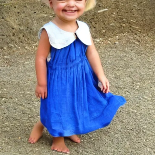 Prompt: a little peasant girl, blue dress, blond hair, bare feet, smiling