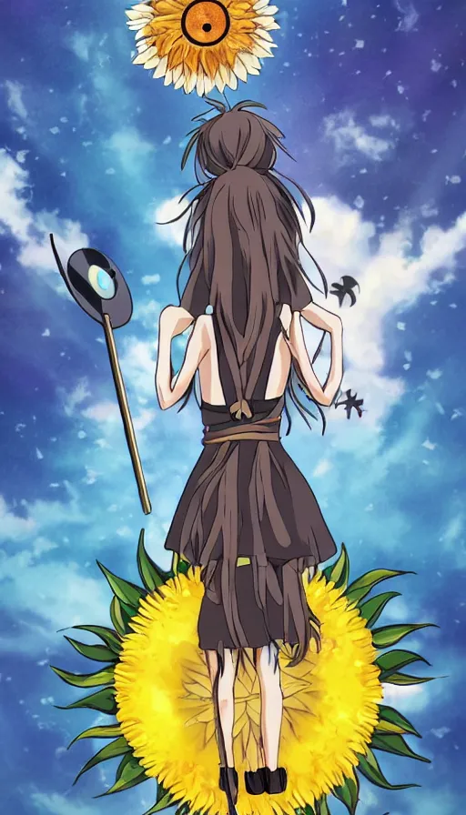 Prompt: the being death as a cute anime girl with a giant sun flower scythe from a studio ghibli film inspired by the death tarot card