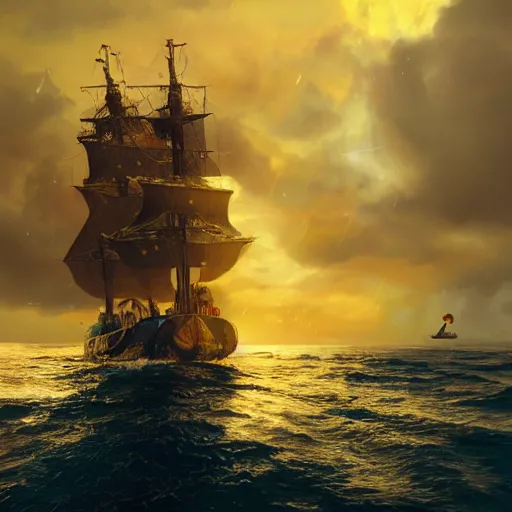 Prompt: portrait of a ship on the sea, close over the shoulder on the ship is a medieval woman ship pilot from behind , dramatic golden neon sunset with wall of storm clouds, wearing shiny breastplate, octane render, dynamic lighting, hyperrealistic, artstation
