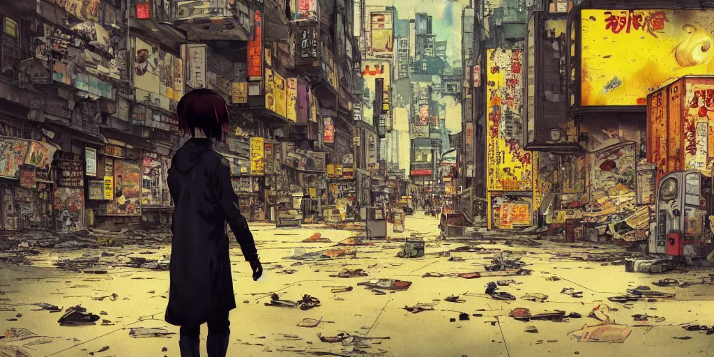 Prompt: incredible wide screenshot, ultrawide, simple watercolor, paper texture, katsuhiro otomo ghost in the shell movie scene, backlit distant shot of girl in a parka running from a giant robot invasion side view, yellow parasol in deserted dusty shinjuku junk town, broken vending machines, concrete wall, bold graffiti, old pawn shop, wet reflections