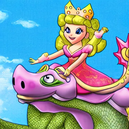 Prompt: Princess peach riding a dragon