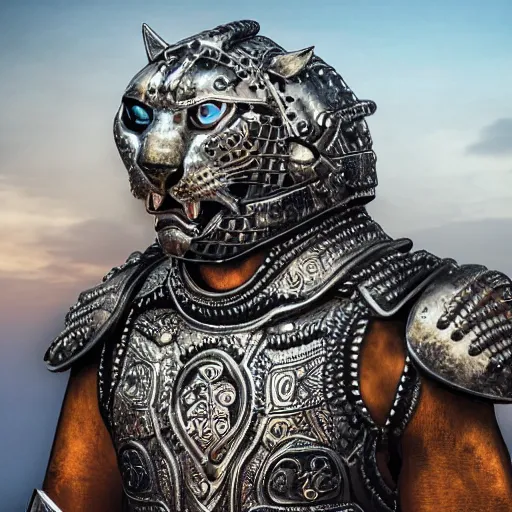 Image similar to warrior with metal jaguar armour, highly detailed, 4k, HDR, smooth, sharp focus, hyper realistic, high resolution