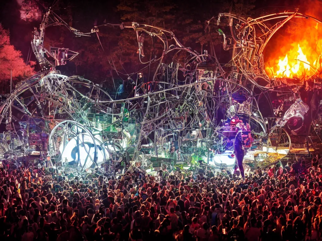 Image similar to a cyborg dj is playing a vast array of highly evolved and complex musical technology on a stage surrounded by an incredible and complex circular robotic structure playing highly evolved music overlooking a crowd at a forest festival lit by fire