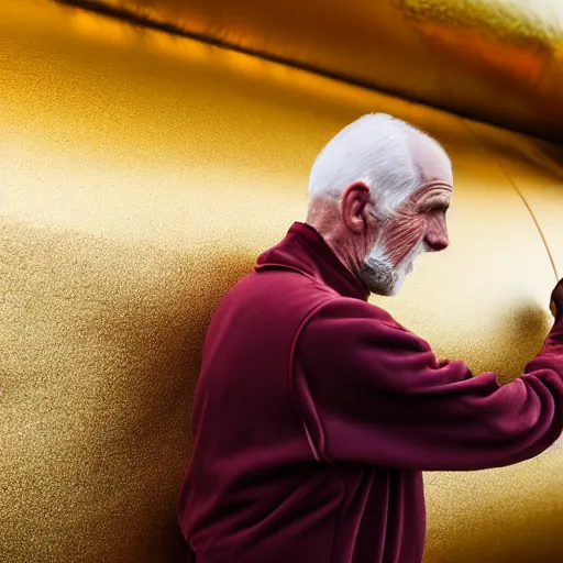 Prompt: wrinkled hunchbacked old man in musty burgundy suit, polishing painting the side of a huge gold plated mega yacht with a cloth, maintenance photo