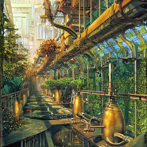 Image similar to steampunk walkway garden geometric hyper realism airbush digital art detailed by john berkey, paul lehr, syd mead, m. c. escher, james christensen, wlop, artgerm, frank gehry