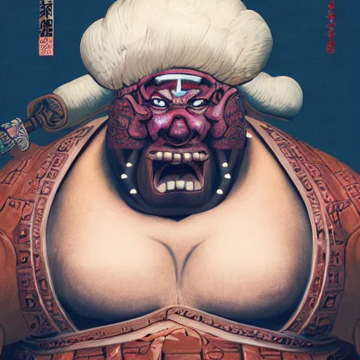 Prompt: plump character portrait of tetsubo wielding rubenesque woman shugoki wearing samurai o - yoroi, mortal shell, scorn game, nioh, by geiger and beksinski, grim dark, rembrandt, ukiyo - e, cg society, tone mapping, global illumination,