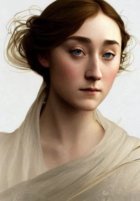 Image similar to saoirse ronan intricate, elegant, highly detailed, digital painting, artstation, concept art, smooth, sharp focus, illustration, art by artgerm and greg rutkowski and alphonse mucha and william - adolphe bouguereau