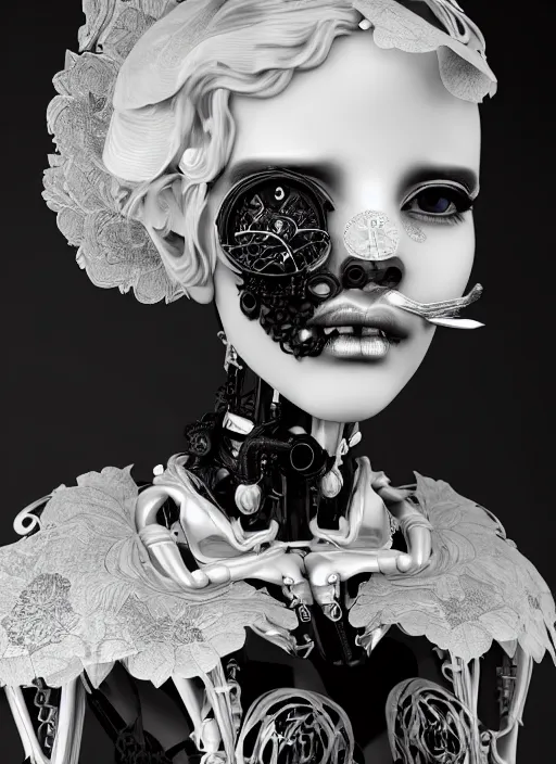 Image similar to black and white dreamy foggy poetic smoky profile face portrait, one silver steampunk realistic eye biomechanical beautiful angelic young female cyborg - robot bust, body ribs meshes,, volumetric light, hibiscus flowers, rim light, big gothic fashion pearl embroidered collar, 1 9 3 0, 8 k