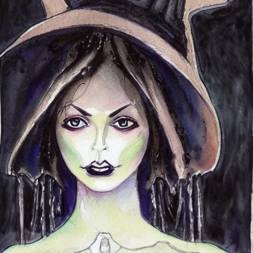 Image similar to portrait of young gothic witch, watercolor painting