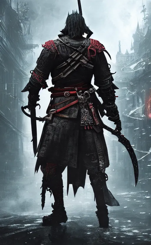 Image similar to an ultrawide photo of cyberpunk samurai with double sword, bloodborne concept art, 4 k