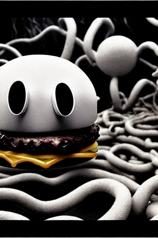 Image similar to mcdonald's horror retro tv advertisement, nightmare, burger surrounded by worms, black and white, ultra realistic, 4 k, digital art, cinematic style of david kronenberg