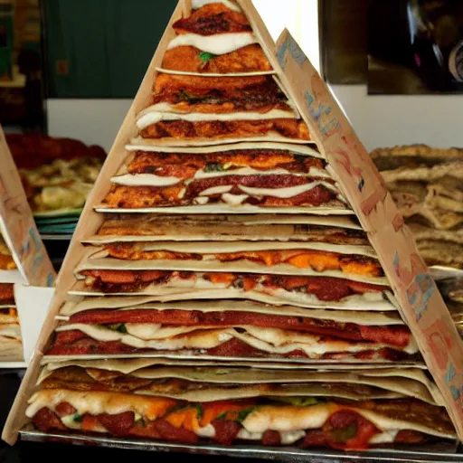 Prompt: a pyramid made of pizzas