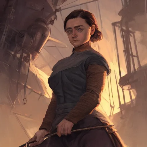 Prompt: arya stark as a beautiful muscular female gnome mechanic, short black pixie undercut hair, standing on ship deck, naval background, intricate, D&D, highly detailed, full body portrait, wide angle, digital painting, artstation, smooth, sharp focus, great composition, illustration, art by Greg Rutkowski, trending on artstation