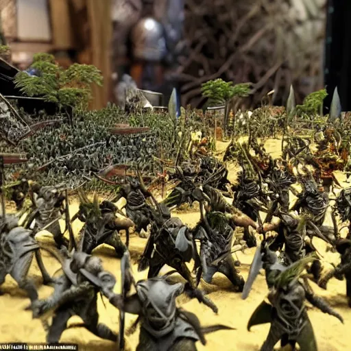 Image similar to photo taken of an epic battlefield diorama designed by weta workshops, an army of high elves battling a horde of orcs, with highly detailed 3 d printed characters, wide shot, photorealistic, sharp focus, f 0. 4, golden ratio, golden hour