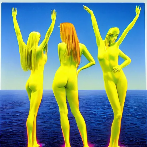 Image similar to neon yellow by peter elson calm. the photograph is a beautiful work of art. the three graces are depicted as beautiful young women, each with their own unique charms. the photograph is full of color & life, & the women seem to radiate happiness & joy.