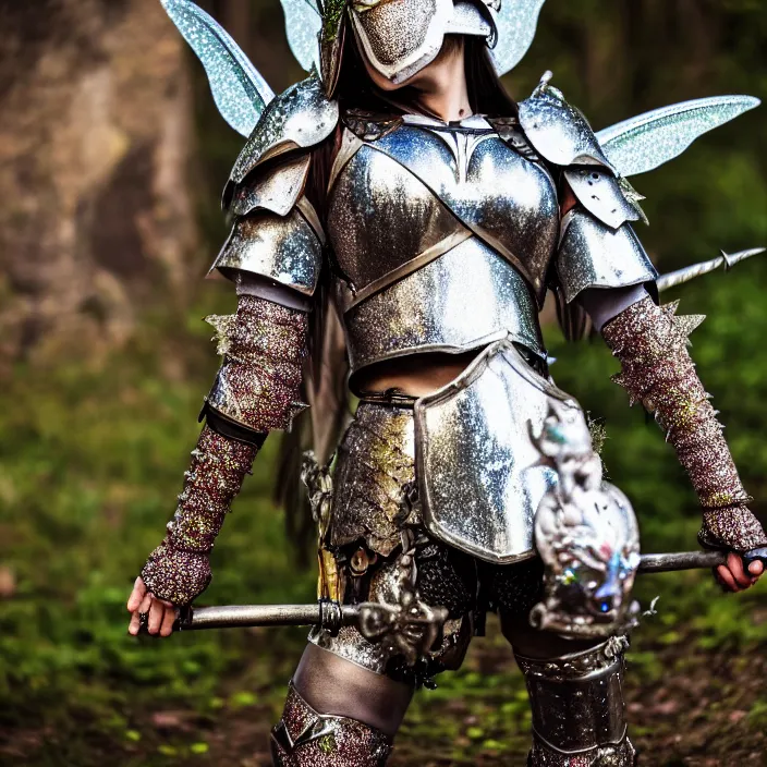 Image similar to full body photo of a fairy warrior wearing sparkly armour, highly detailed, 4 k, hdr, smooth, sharp focus, high resolution, award - winning photo