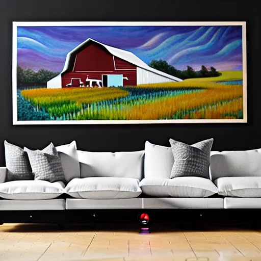 Image similar to interior view of modern futuristic farm barn architecture and interior design showing cows! laying down on sofas and pigs! and chickens! sitting in lounge chairs, wall art, throw pillows, areas rugs, feed troughs, hay, detailed luminescent oil painting 4 k