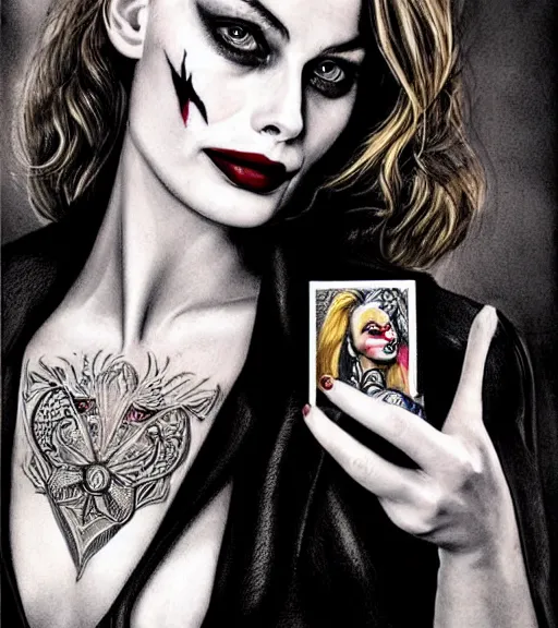 Image similar to tattoo design sketch of beautiful margot robbie portrait with joker makeup, holding an ace card, in the style of den yakovlev, realistic face, black and white, realism tattoo, hyper realistic, highly detailed