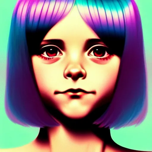 Image similar to a beautiful youth teen christina ricci as she was ramona flowers with head tilted curiously, focus close on mischievous eyes, soft skin, eighties holographic art by ilya kuvshinov monet range murata artgerm katsuhiro otomo norman rockwell, highly detailed intricately sharp focus, bedroom eyes trending on pinterest vogue italia unreal engine