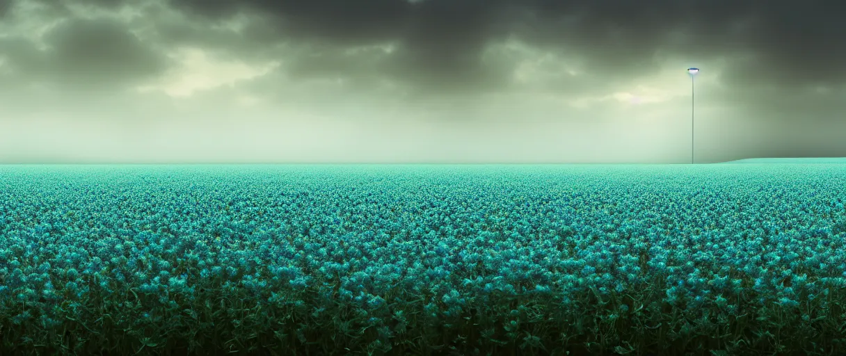 Image similar to hyperrealist highly detailed neo-baroque flowery foggy field concept art pascal blanche key sage dramatic teal lighting 8k wide angle shallow depth of field