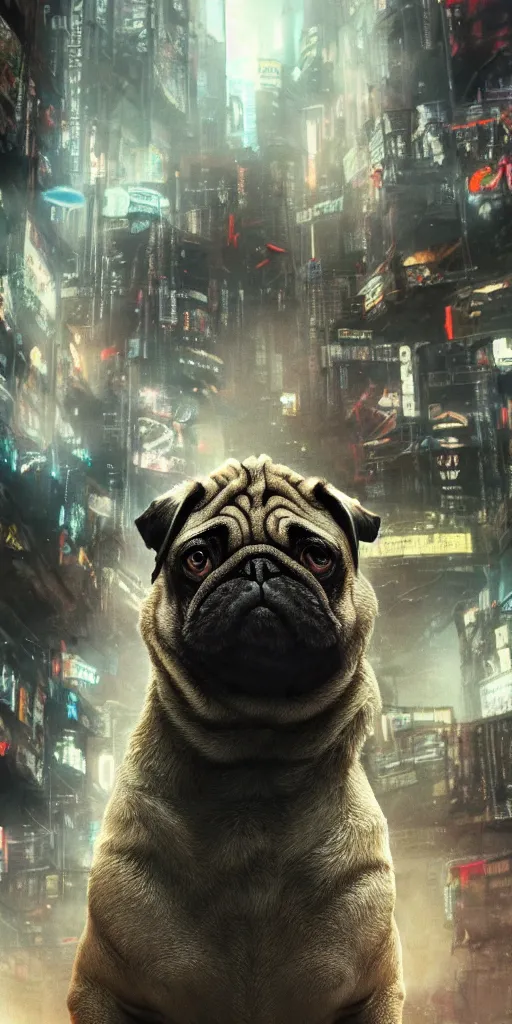 Prompt: an ancient pug destroying a dystopian city, cyberpunk, sharp focus, dynamic lights, still, photograph, hyper realistic, masterpiece, octane render, rendered, 3 d, cinematic, cinematic lighting, dramatic lighting, highly detailed, intricate details, texture, cinematic composition, wide shot, by donglu yu and kevin jick and eddie del rio