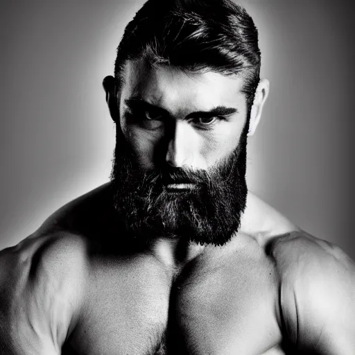 Image similar to A muscular man with an extremely chiseled jaw and dark beard, hair styled backwards, confident looking, black and white photo, softbox studio lighting