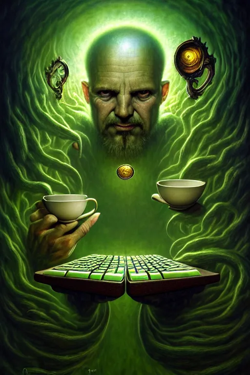 Prompt: The Manager, tarot card, by tomasz alen kopera and Justin Gerard, computer keyboard, email, coffee cup, numerical, symmetrical features, ominous, magical realism, texture, intricate, ornate, royally decorated, whirling green smoke, embers, radiant colors, fantasy, trending on artstation, volumetric lighting, micro details, 3d sculpture, ray tracing, 8k, anaglyph effect