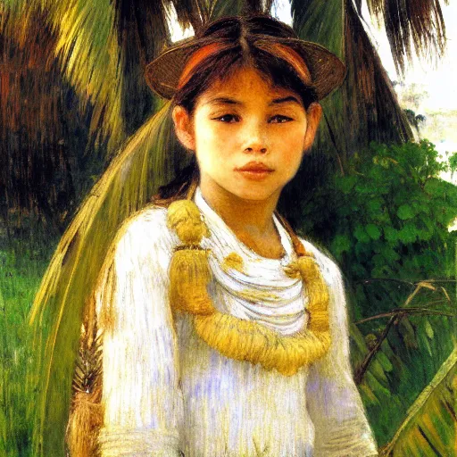 Image similar to a ultradetailed beautiful painting of a girl on amazonas by jules bastien - lepage, hans belmer, frank weston and gustave baumann, trending on artstation, mediterranean, palm trees, light sparkles, sharp focus, soft light